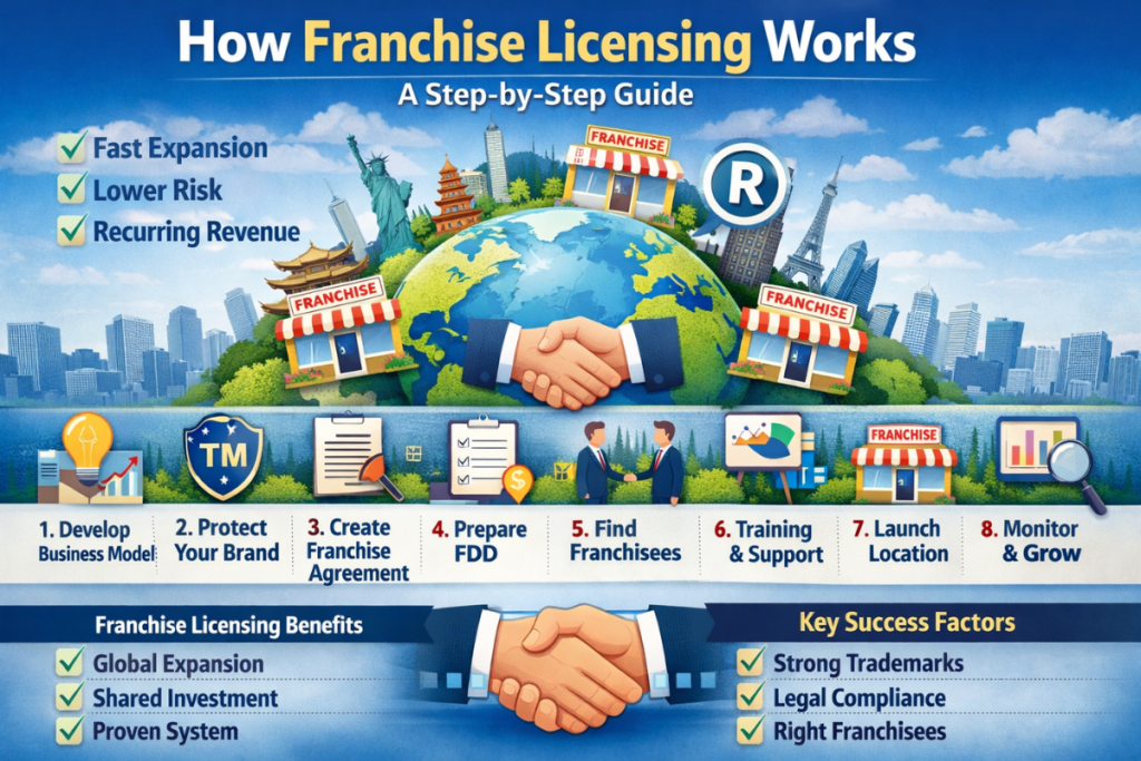 How Franchise Licensing Works: A Step-by-Step Guide Franchise licensing process infographic